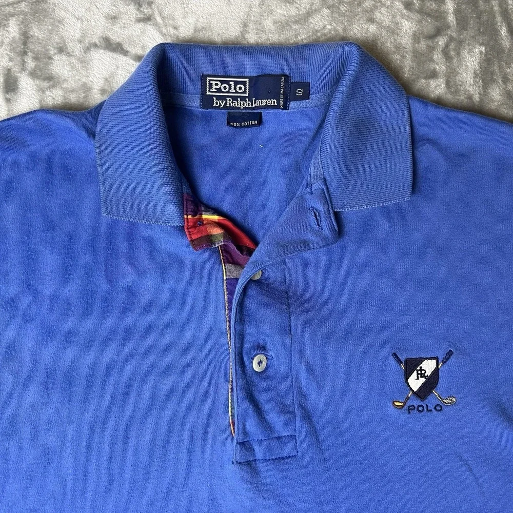 Polo Ralph Lauren Mens Blue Golf Crest Plaid Placket Polo Shirt Small